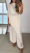 Womens Round Neck Irregular Top + Pants Solid Color Loose Casual Suit
