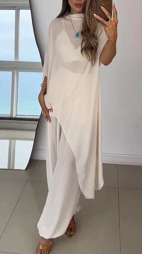 Womens Round Neck Irregular Top + Pants Solid Color Loose Casual Suit