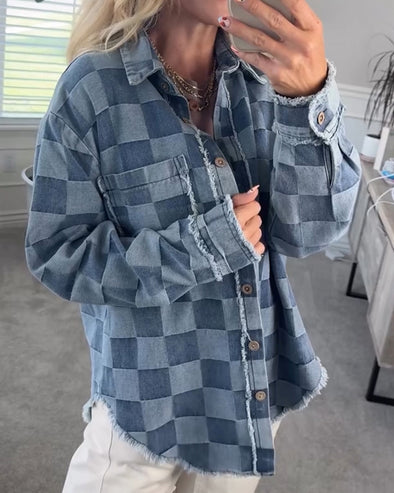 Women Lapel Checked Casual Jacket