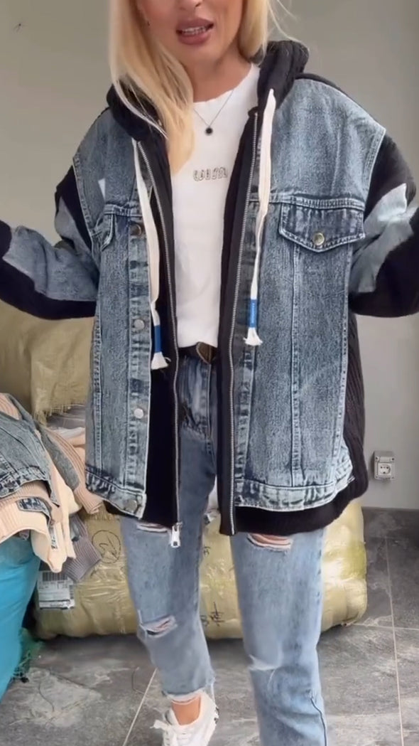 Women Round Neck Hooded Denim Splicing Sweater Casual Jacket