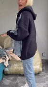 Women Round Neck Hooded Denim Splicing Sweater Casual Jacket
