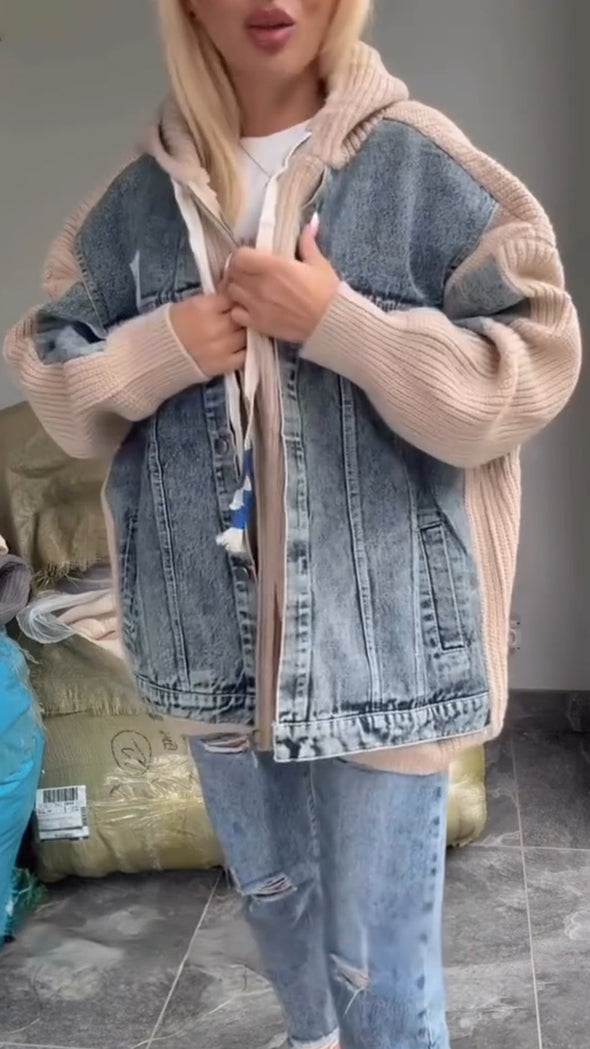Women Round Neck Hooded Denim Splicing Sweater Casual Jacket