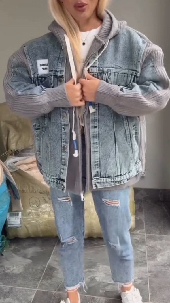 Women Round Neck Hooded Denim Splicing Sweater Casual Jacket