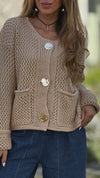 Women Round Neck Knitted Hollow Casual Sweater Cardigan