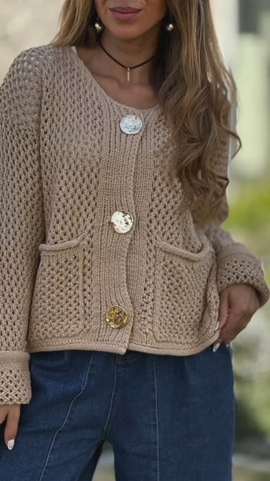 Women Round Neck Knitted Hollow Casual Sweater Cardigan