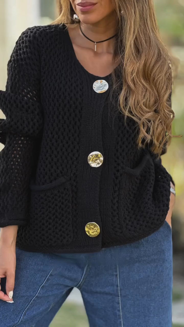 Women Round Neck Knitted Hollow Casual Sweater Cardigan
