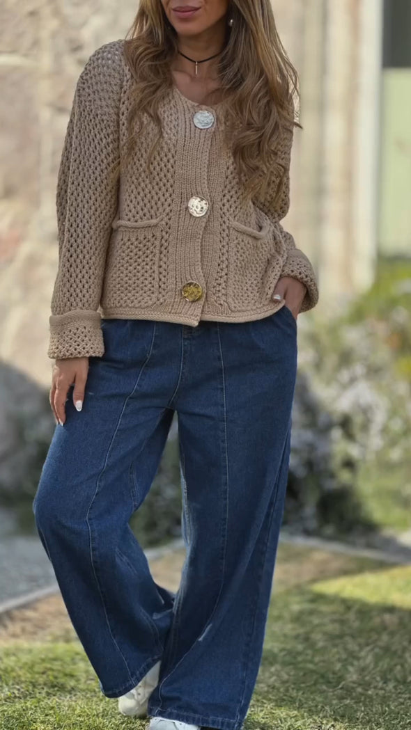Women Round Neck Knitted Hollow Casual Sweater Cardigan
