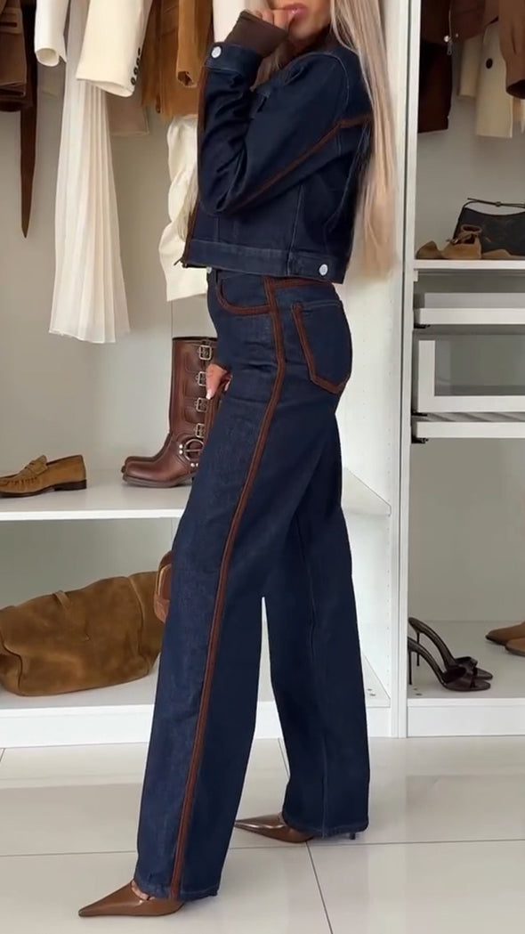 Women Lapel Splicing Denim Casual Suit