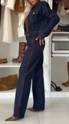 Women Lapel Splicing Denim Casual Suit