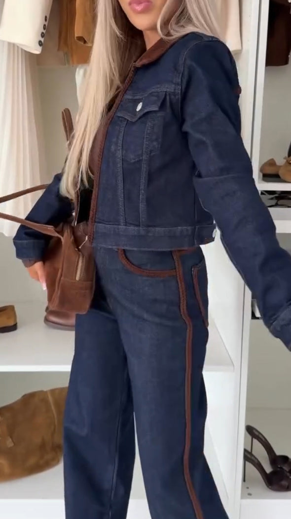 Women Lapel Splicing Denim Casual Suit