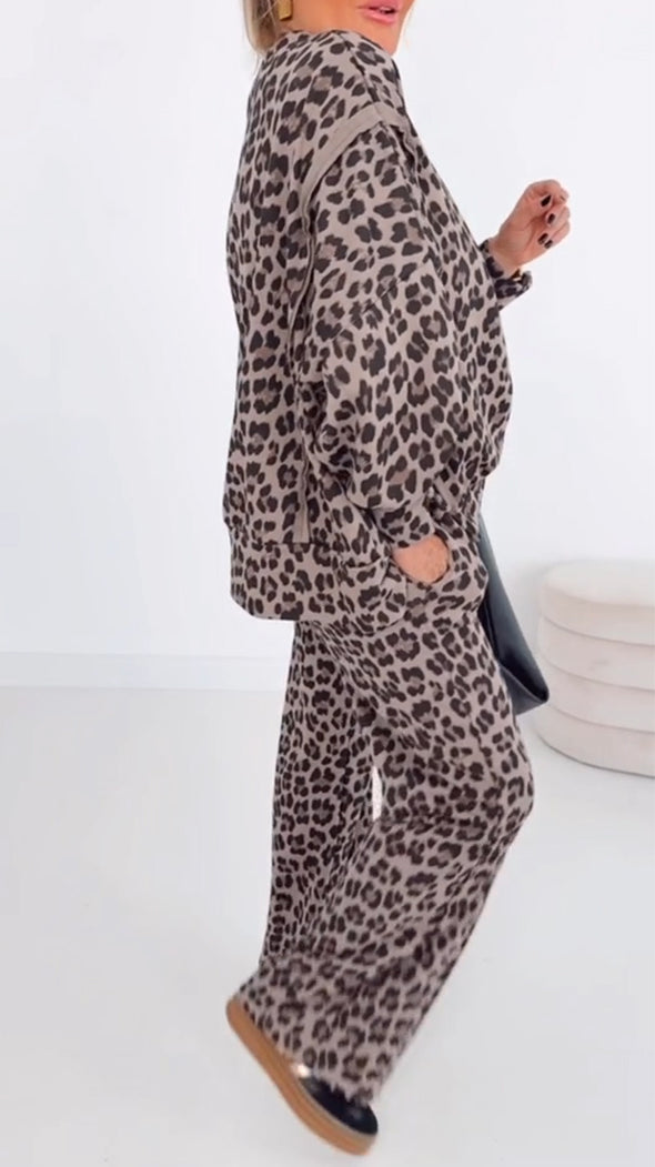 Women Round Neck Leopard Print Loose Casual Set