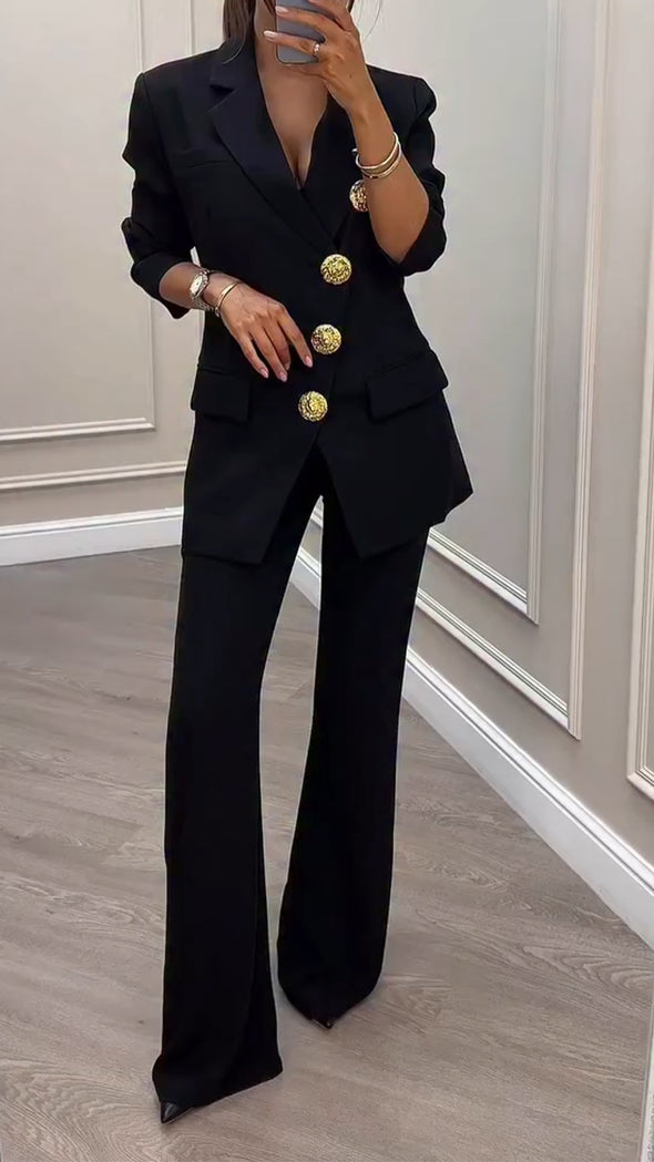 Womens Lapel Breasted Jacket + Pants Temperament Commuter Set