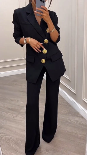 Womens Lapel Breasted Jacket + Pants Temperament Commuter Set