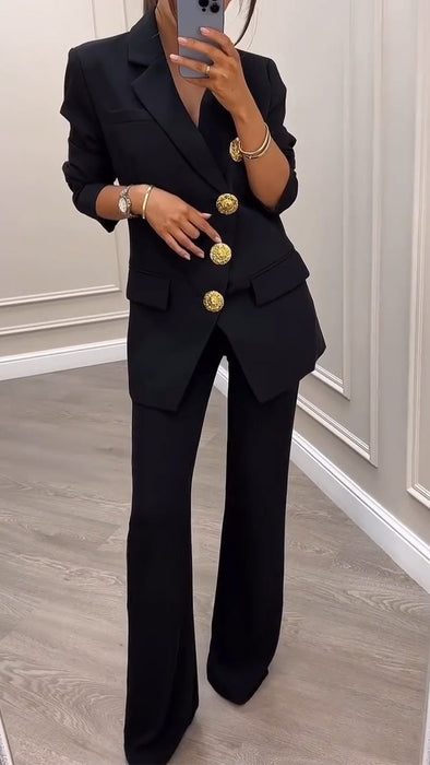 Womens Lapel Breasted Jacket + Pants Temperament Commuter Set
