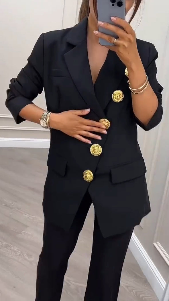 Womens Lapel Breasted Jacket + Pants Temperament Commuter Set
