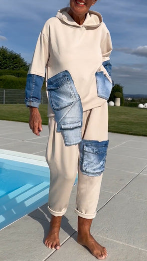 Women Round Neck Hooded Spliced denim Top + Pants Casual Suit