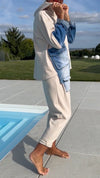 Women Round Neck Hooded Spliced denim Top + Pants Casual Suit