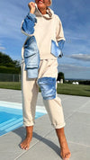Women Round Neck Hooded Spliced denim Top + Pants Casual Suit