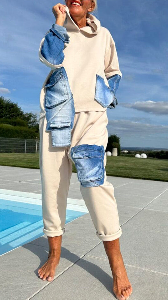 Women Round Neck Hooded Spliced denim Top + Pants Casual Suit