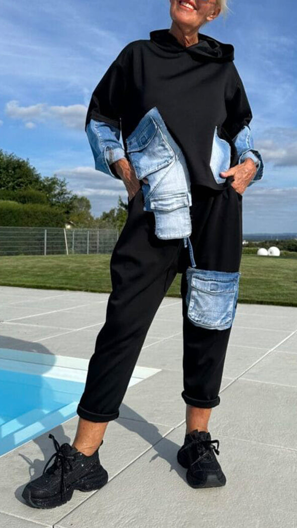 Women Round Neck Hooded Spliced denim Top + Pants Casual Suit