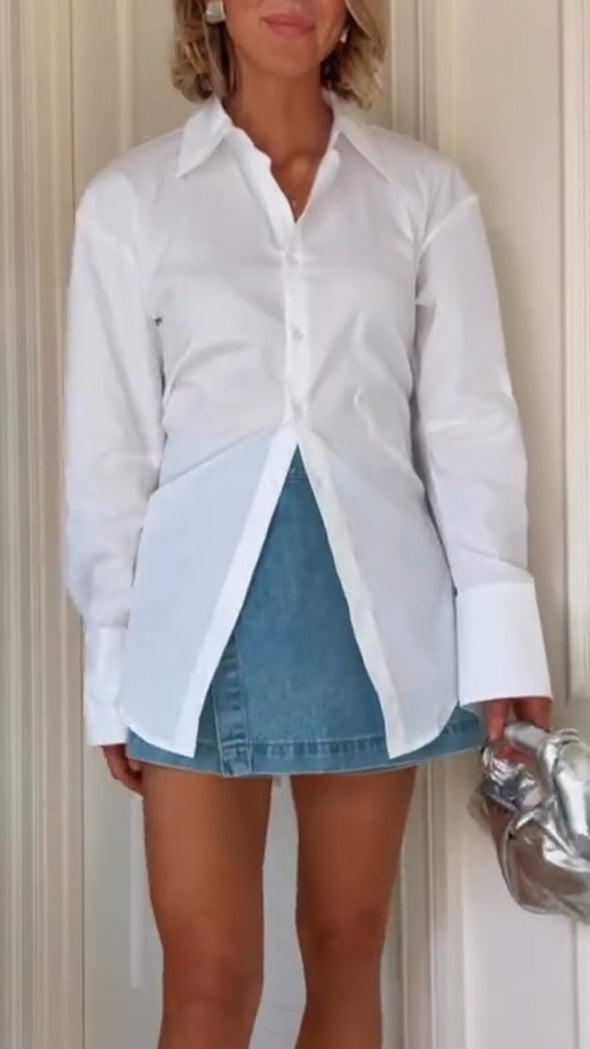 Womens Lapel Behind Hollow Strap Casual Shirt