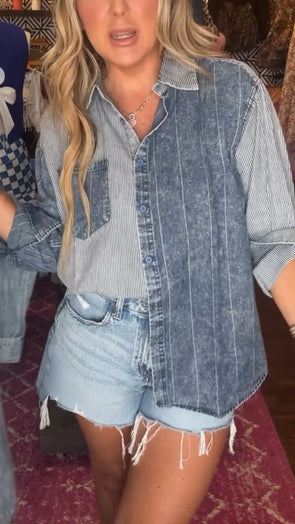 Women Lapel Spliced Casual Shirt