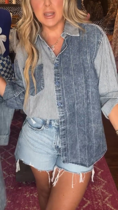 Women Lapel Spliced Casual Shirt