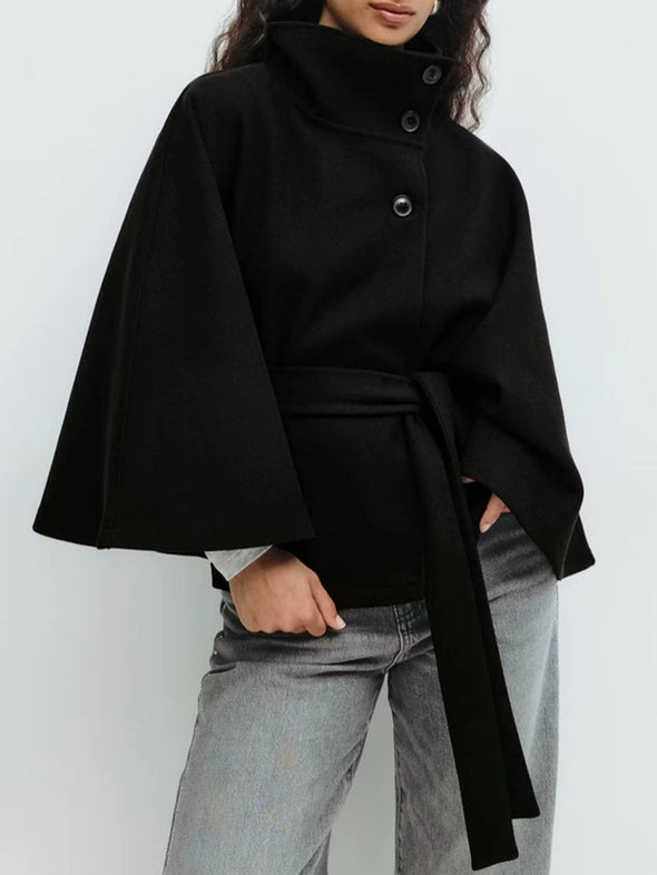 Ladies Standing Collar Cape Button Waistband Windbreaker Coat