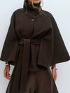 Ladies Standing Collar Cape Button Waistband Windbreaker Coat