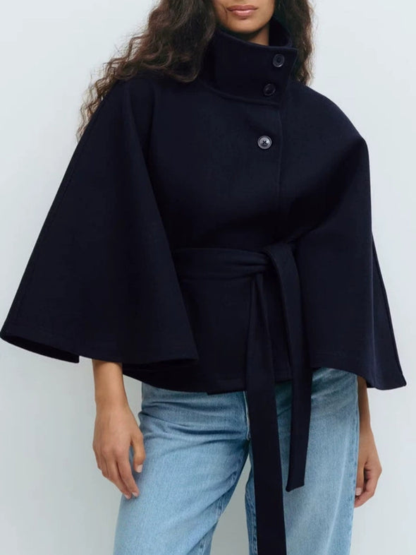 Ladies Standing Collar Cape Button Waistband Windbreaker Coat