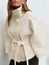 Ladies Standing Collar Cape Button Waistband Windbreaker Coat