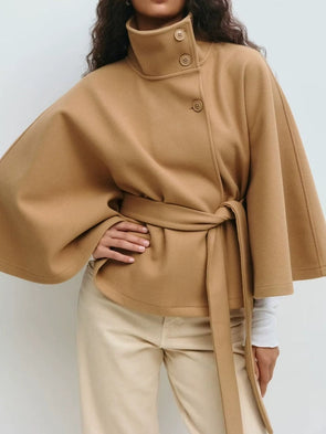 Ladies Standing Collar Cape Button Waistband Windbreaker Coat