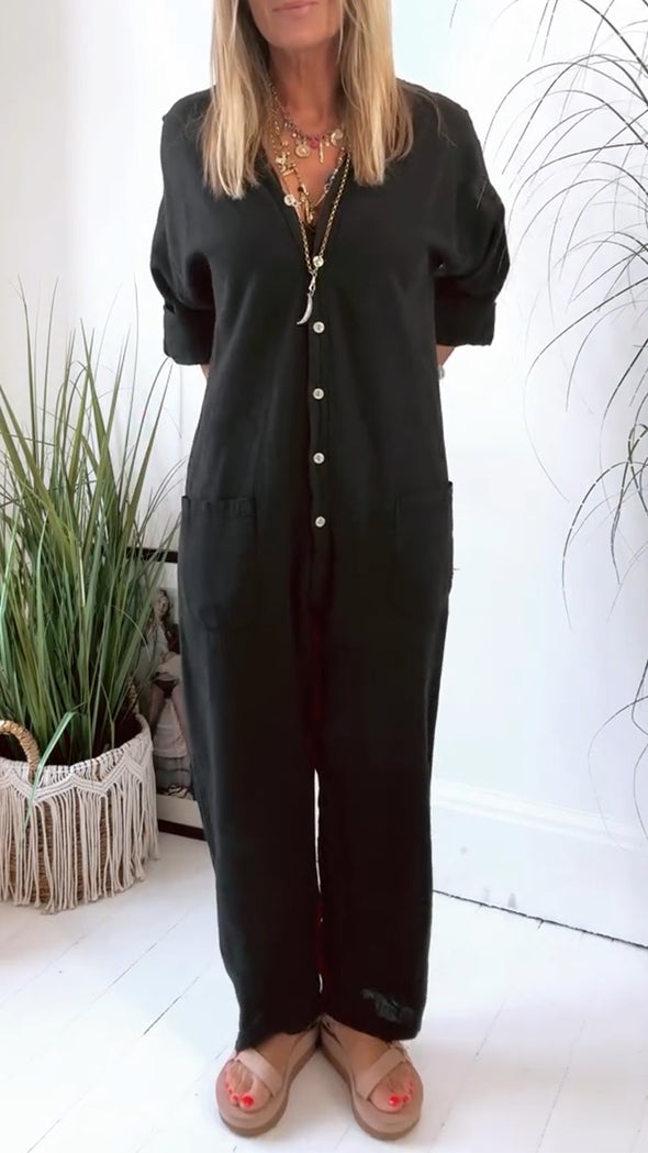Women V-neck Breasted Casual Jumpsuits
