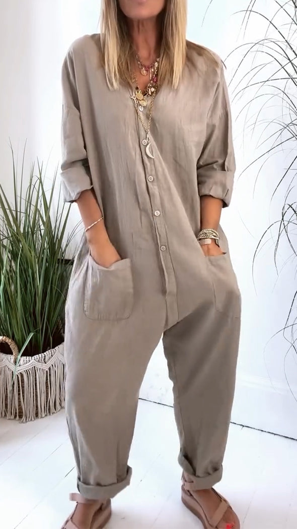 Women V-neck Breasted Casual Jumpsuits
