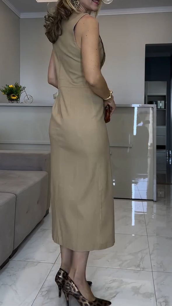 Women Round Neck and Breasted Slit Elegant Casual Dress