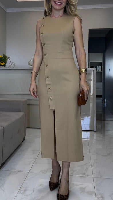 Women Round Neck and Breasted Slit Elegant Casual Dress