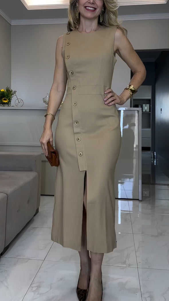 Women Round Neck and Breasted Slit Elegant Casual Dress