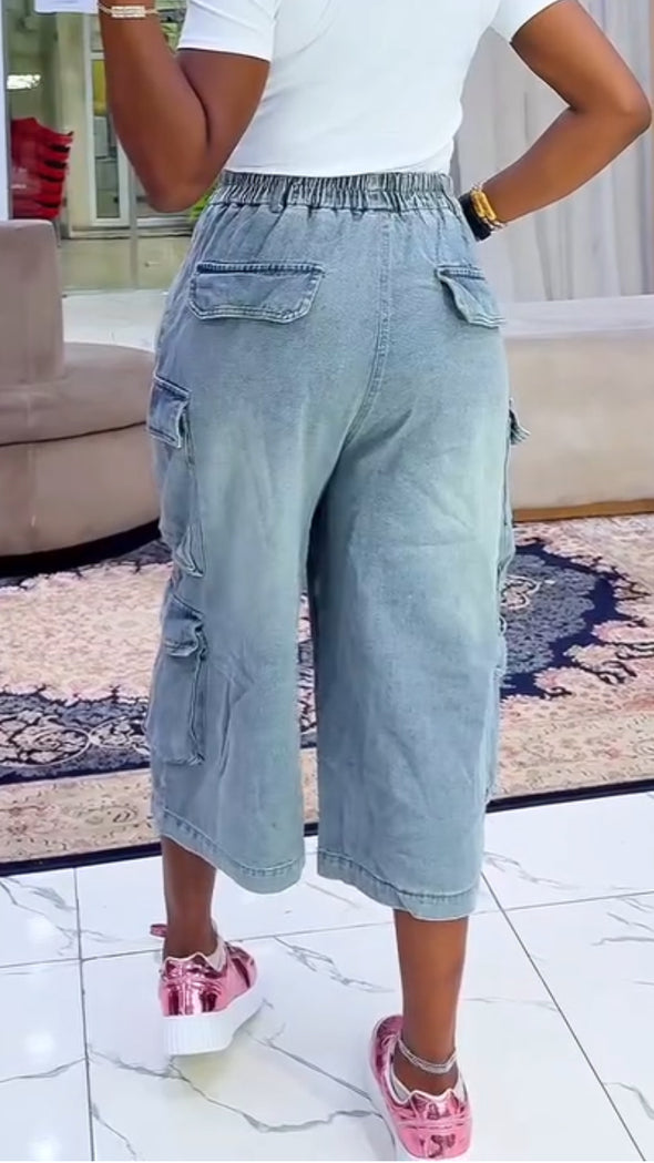 Ladies Wash Water Splicing Pocket Casual Jeans