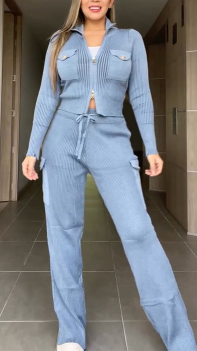 Womens Lapel Zipper Top + Drawstring Pants Casual Set