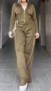 Womens Lapel Zipper Top + Drawstring Pants Casual Set