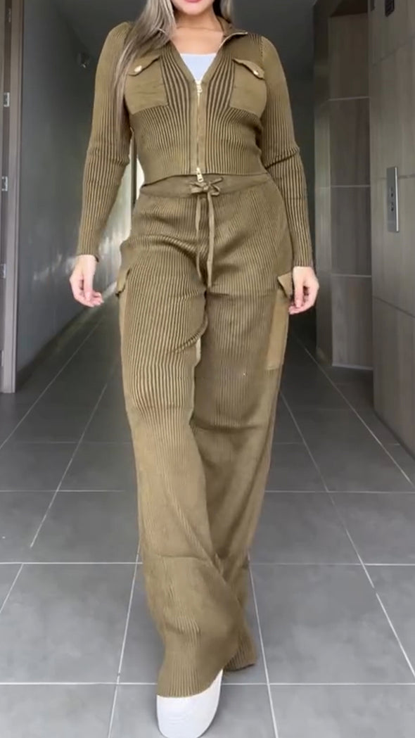 Womens Lapel Zipper Top + Drawstring Pants Casual Set