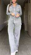 Womens Lapel Zipper Top + Drawstring Pants Casual Set