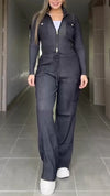 Womens Lapel Zipper Top + Drawstring Pants Casual Set