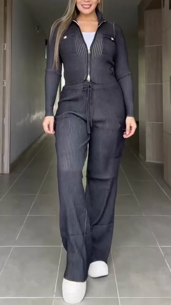 Womens Lapel Zipper Top + Drawstring Pants Casual Set