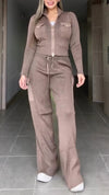 Womens Lapel Zipper Top + Drawstring Pants Casual Set