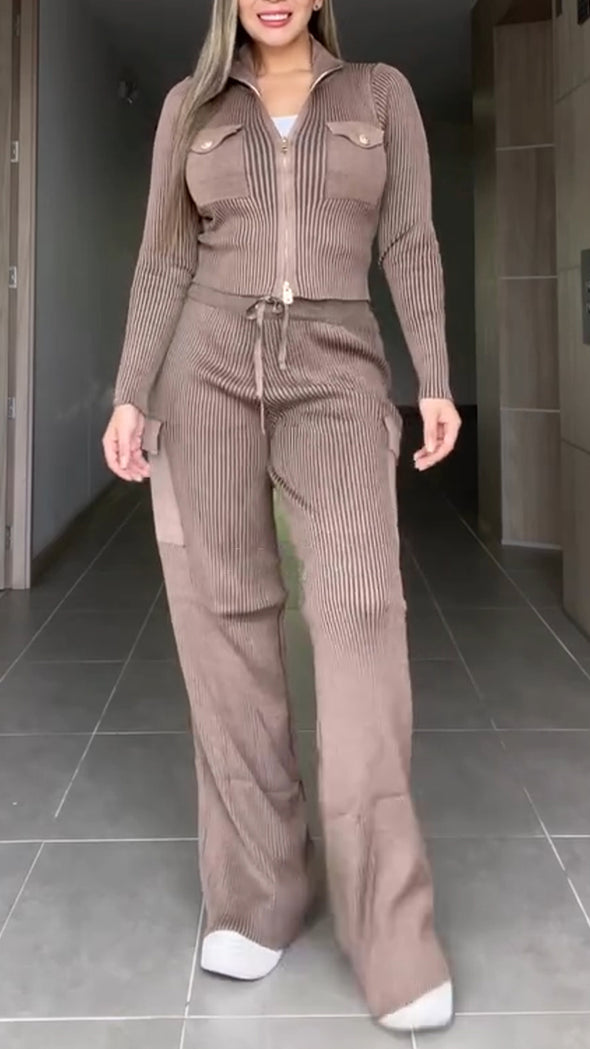 Womens Lapel Zipper Top + Drawstring Pants Casual Set