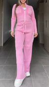 Womens Lapel Zipper Top + Drawstring Pants Casual Set