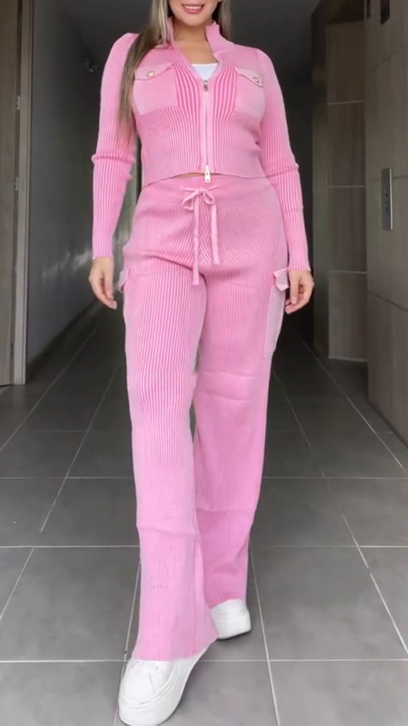 Womens Lapel Zipper Top + Drawstring Pants Casual Set