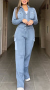 Womens Lapel Zipper Top + Drawstring Pants Casual Set