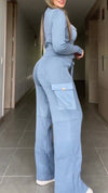 Womens Lapel Zipper Top + Drawstring Pants Casual Set